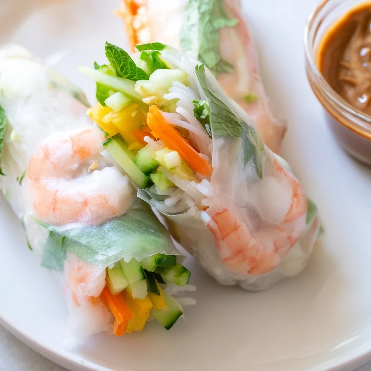 Fresh Vietnamese Spring Rolls with shrimp, crisp veggies, herbs, and peanut dipping sauce on a plate.