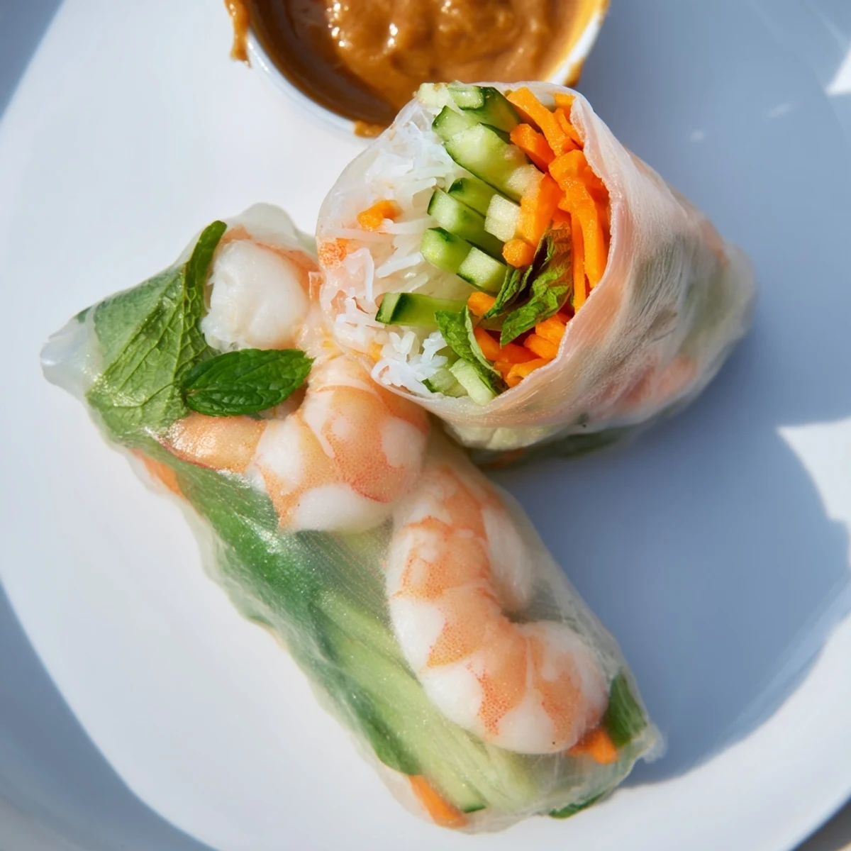 Vietnamese Spring Rolls arranged on a bamboo tray with lettuce, cucumber, carrots, mint, and cilantro garnish.