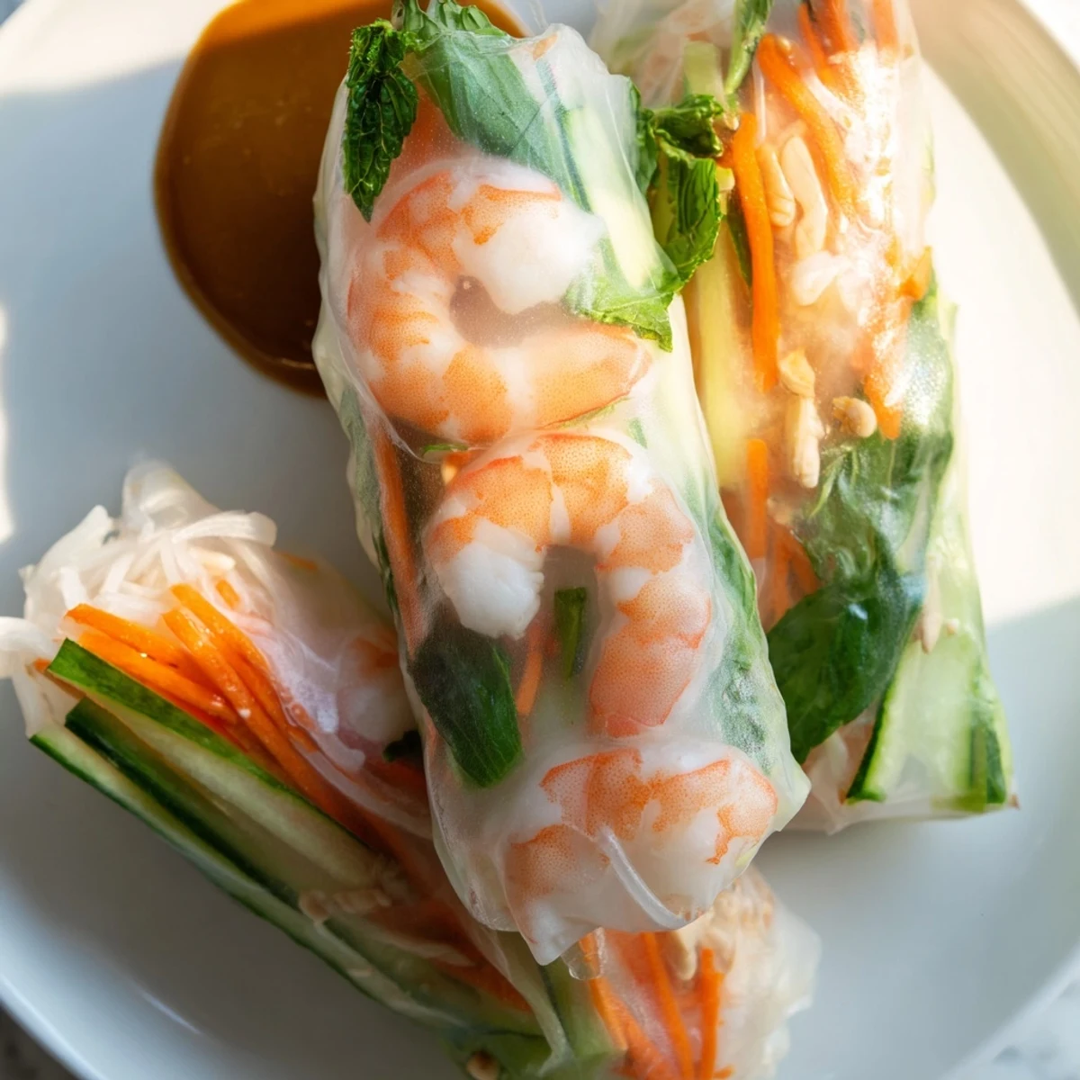 A close-up of Vietnamese Spring Rolls showing rice paper wrapped fillings and a small bowl of peanut sauce.