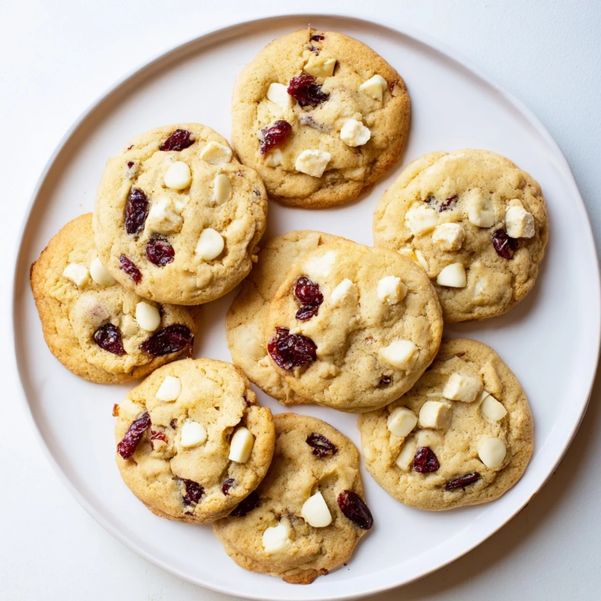 Freshly baked White Chocolate Cranberry Cookies with melty white chocolate chunks and chewy red cranberries on a rustic wooden board.