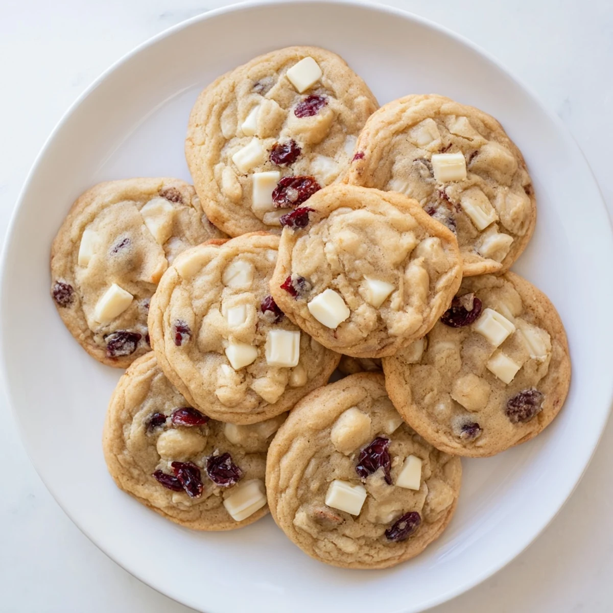 Golden edges of White Chocolate Cranberry Cookies show a soft center next to a glass of milk and scattered cranberries.