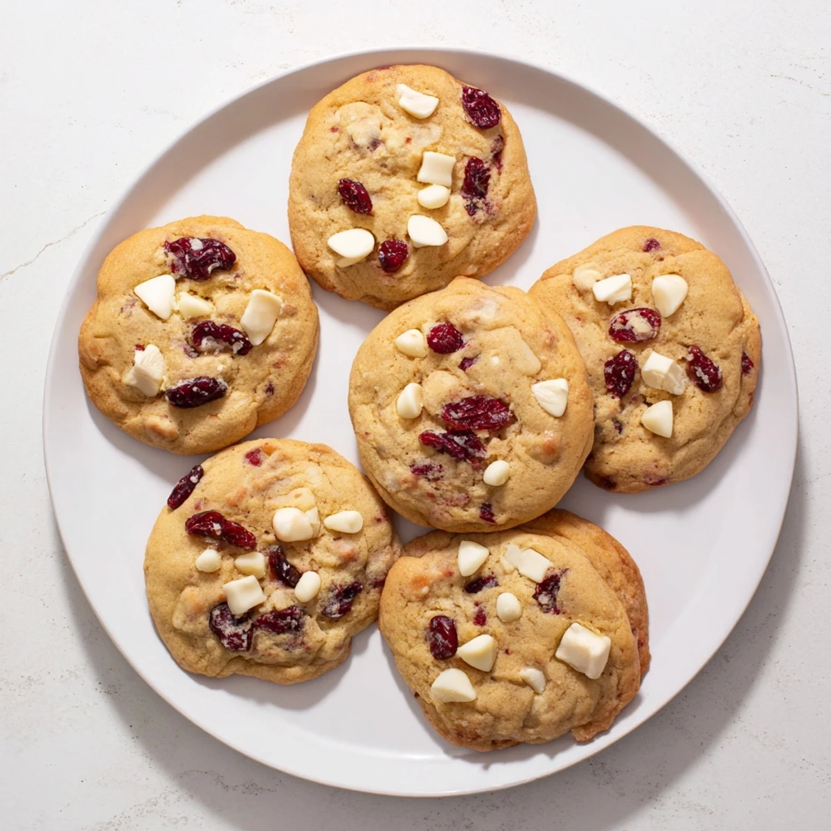 Homemade White Chocolate Cranberry Cookies arranged on a cooling rack with parchment paper and festive holiday dessert styling.