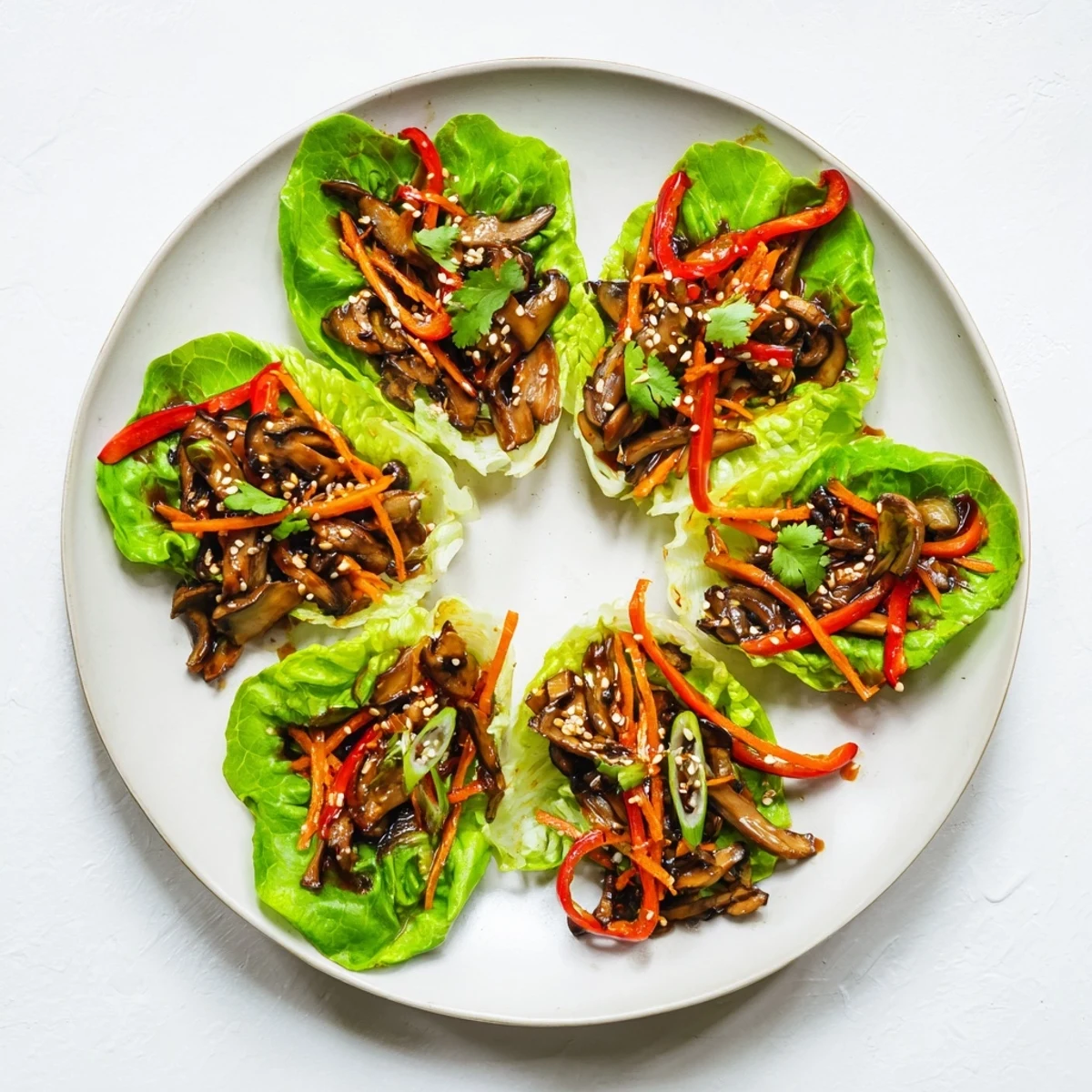 Crisp butter lettuce leaves filled with savory sautéed Shiitake Mushroom Lettuce Wraps, garnished with fresh cilantro and sesame seeds.