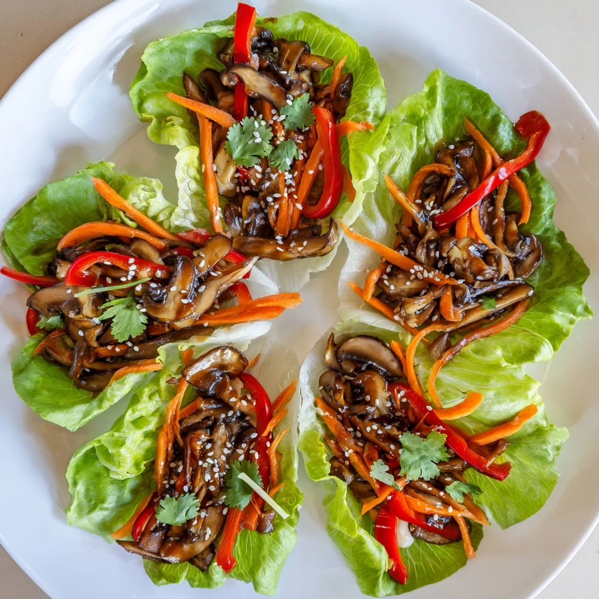Hot, glazed Shiitake Mushroom Lettuce Wraps served fresh and ready to eat, ideal for a low-carb and gluten-free meal.