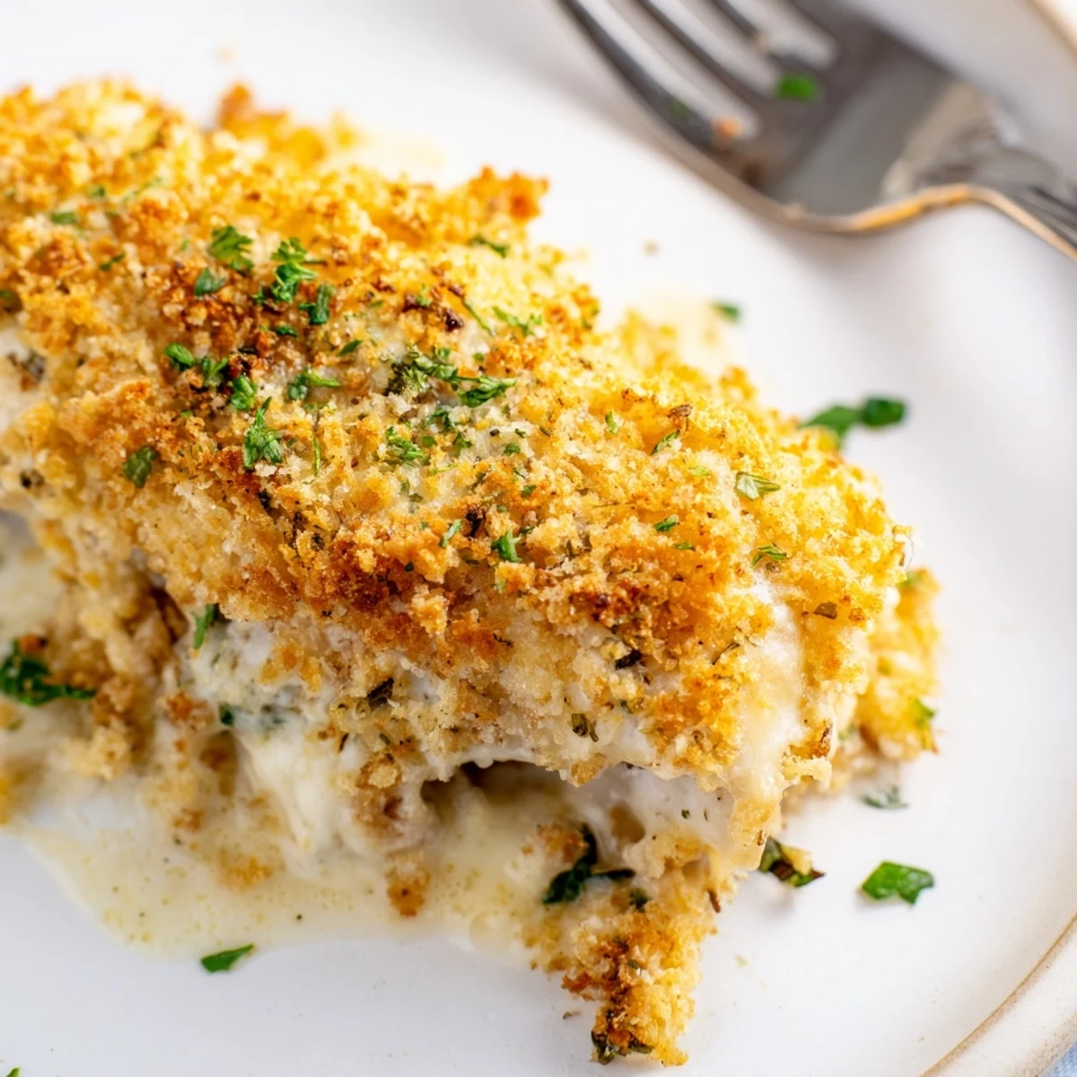 Juicy Melt In Your Mouth Chicken with a bubbly, golden crust and fresh parsley garnish on a rustic plate.