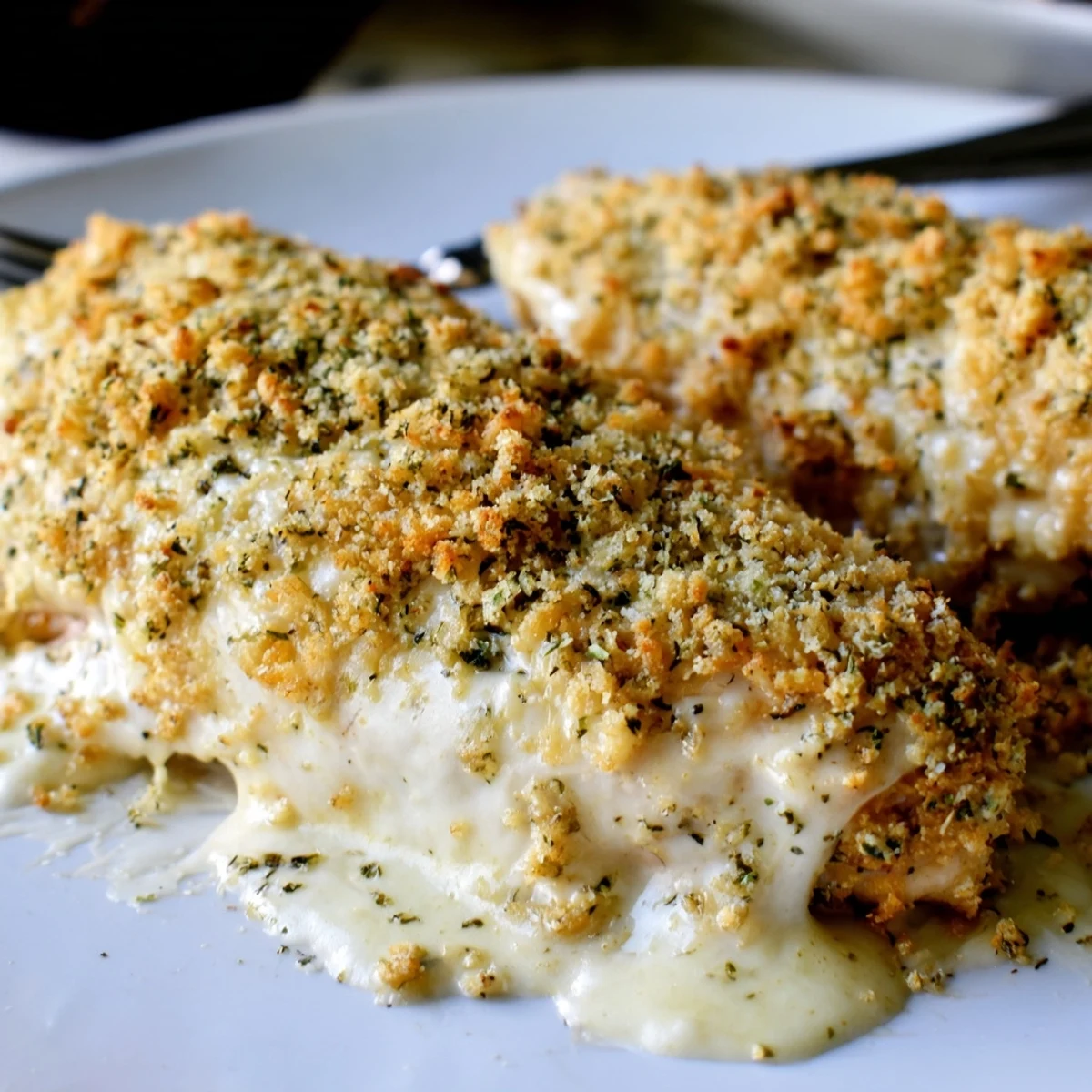 Golden brown Melt In Your Mouth Chicken breasts coated in a creamy Parmesan sauce, served hot from the oven.