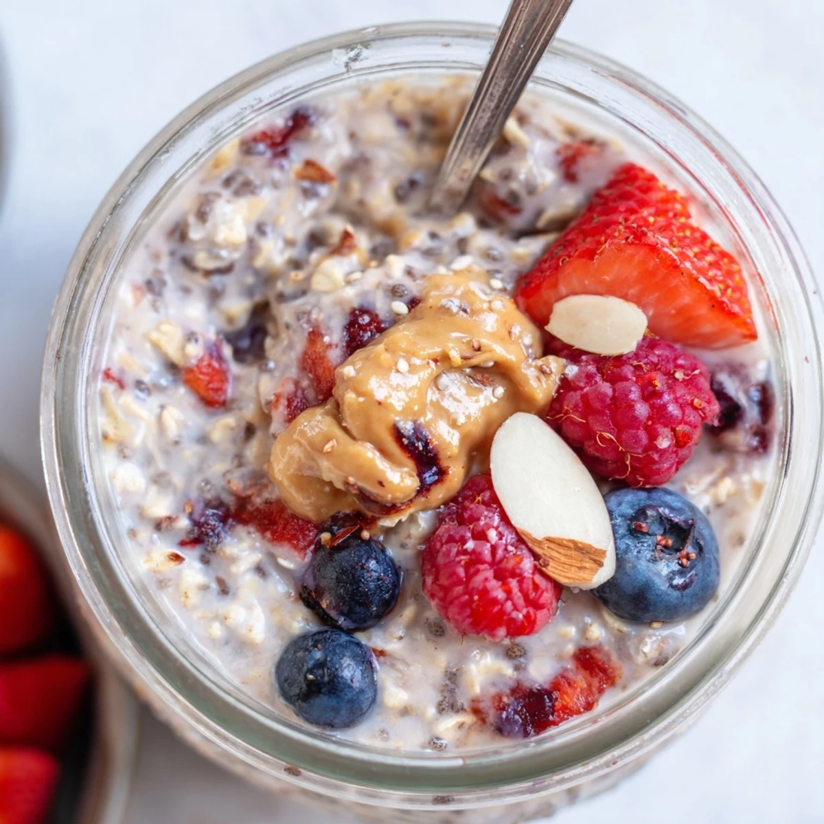 Creamy Berry Overnight Oats with Almond Butter layered in a glass jar, topped with fresh berries and sliced almonds for a hearty, no-cook breakfast.