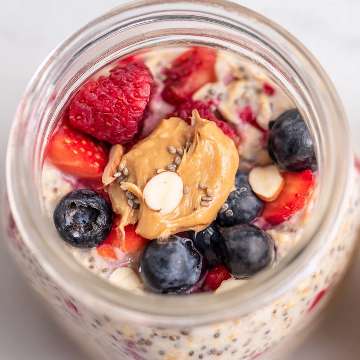 A close-up of Berry Overnight Oats with Almond Butter, showing juicy mixed berries nestled in creamy oats, ready to enjoy straight from the fridge on busy mornings.