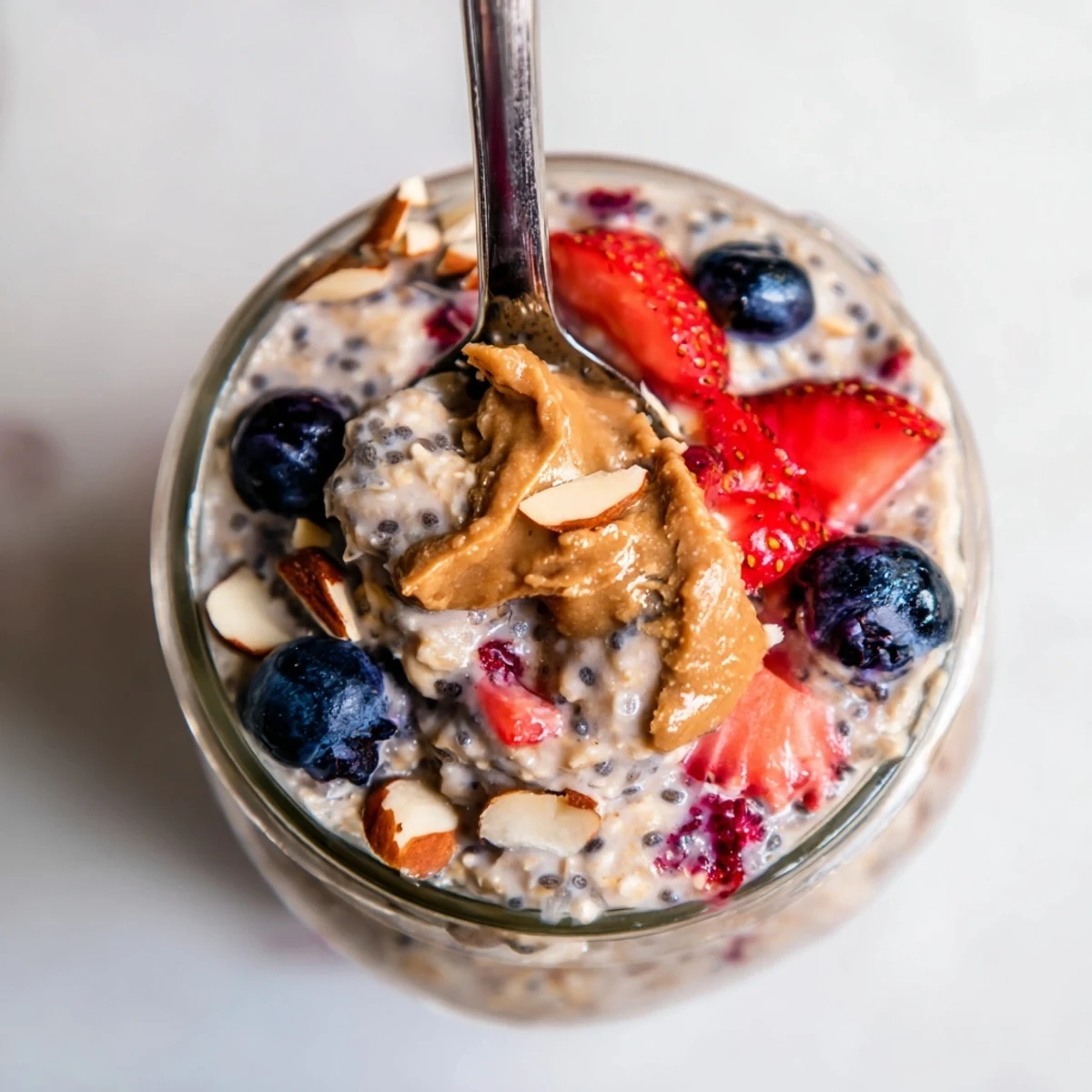 This chilled Berry Overnight Oats with Almond Butter features rolled oats soaked in almond milk with chia seeds, maple syrup, and a swirl of nutty almond butter.