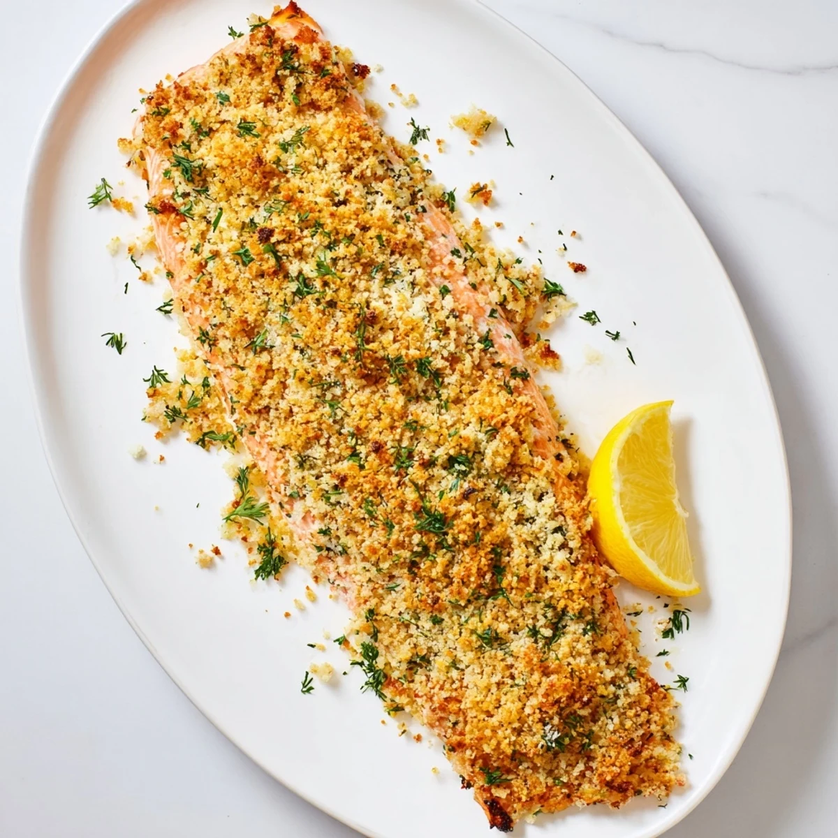 Golden, crispy Parmesan crust on tender baked salmon fillets, served with fresh lemon wedges.