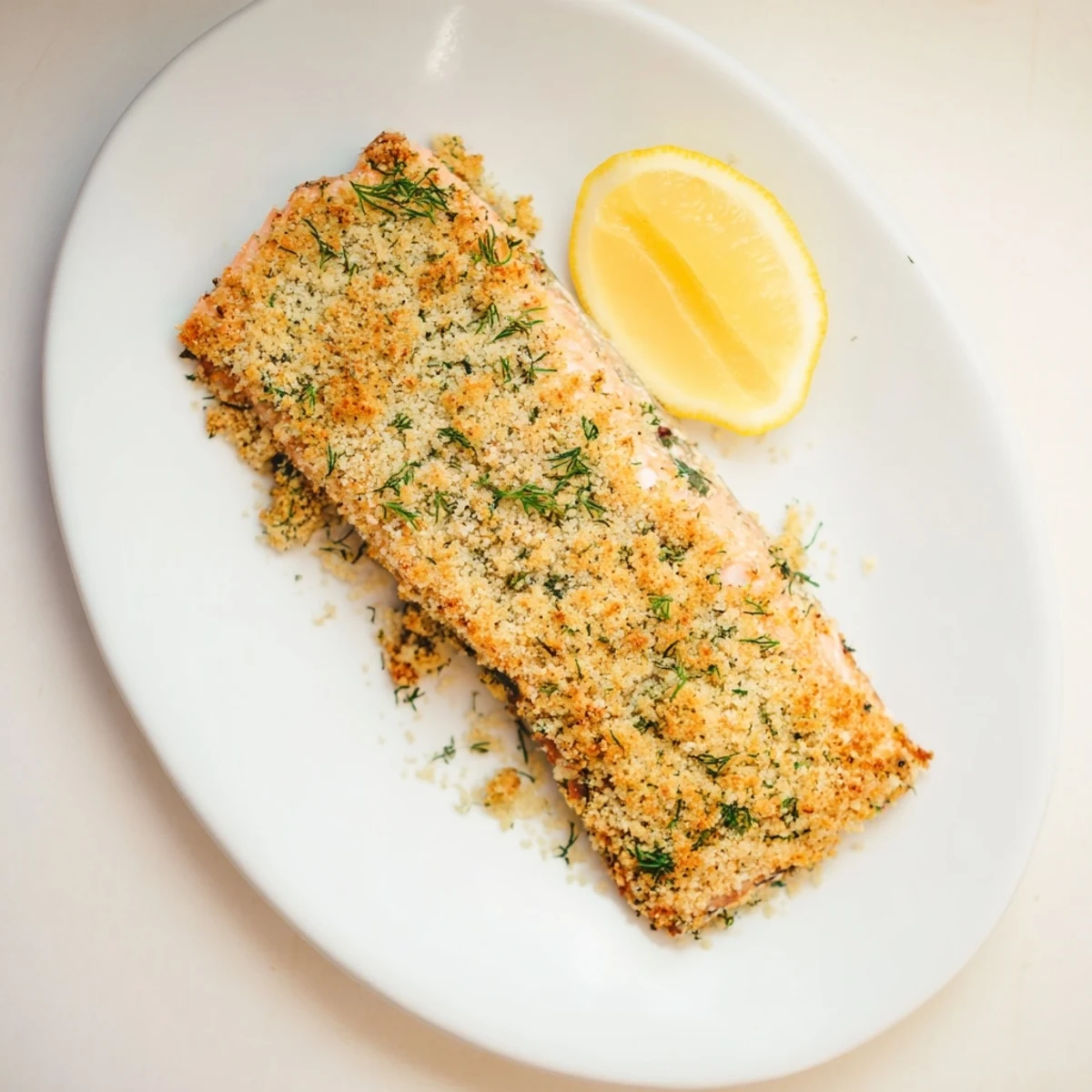 Irresistibly Crispy Parmesan Salmon Bake, baked until golden and flaky on a simple dinner plate.