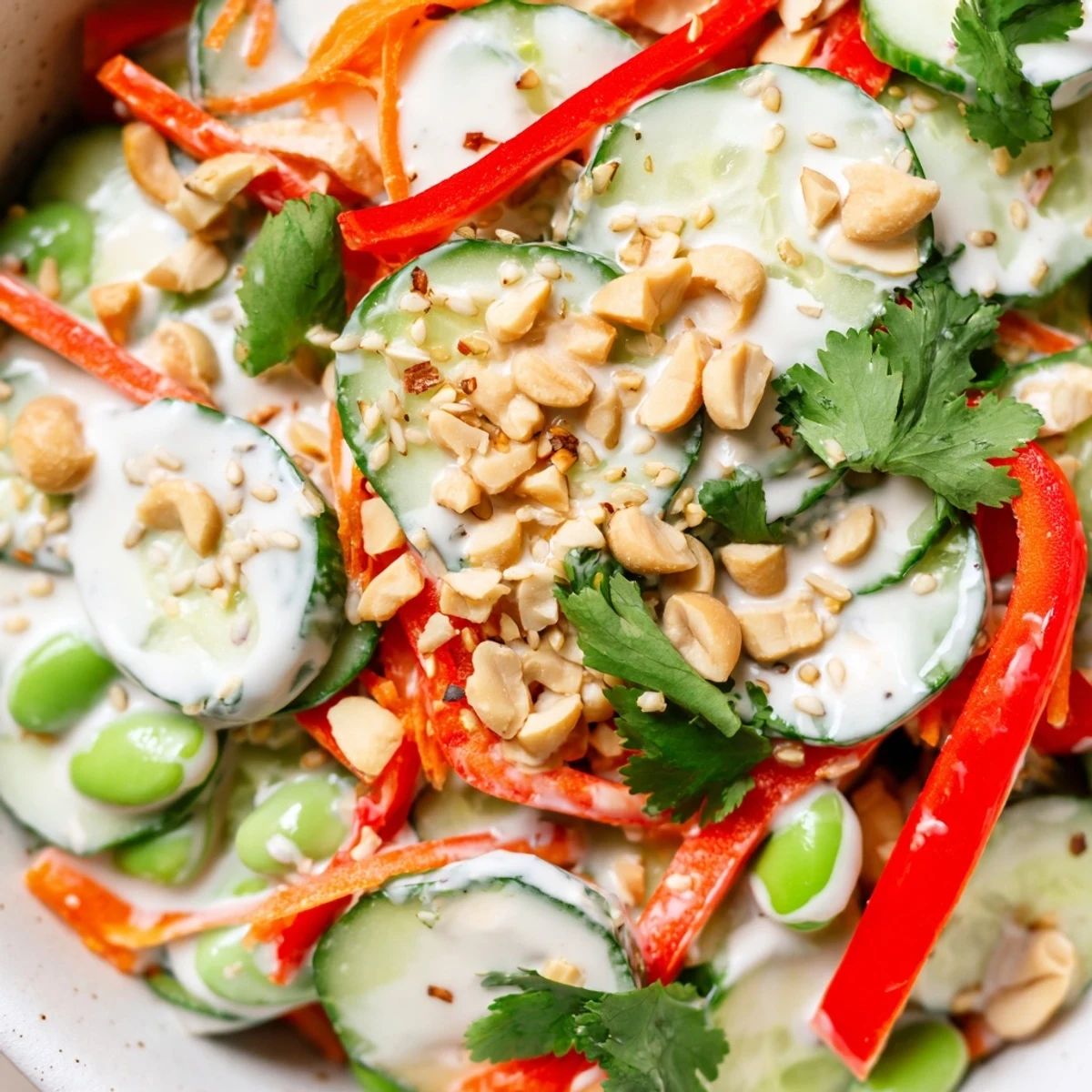 Creamy Asian Cucumber Bowl salad with crisp sliced cucumbers and colorful vegetables in a tangy sesame dressing.