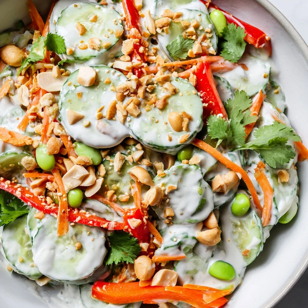 Enjoy this Creamy Asian Cucumber Bowl as a refreshing light lunch garnished with toasted peanuts and lime.