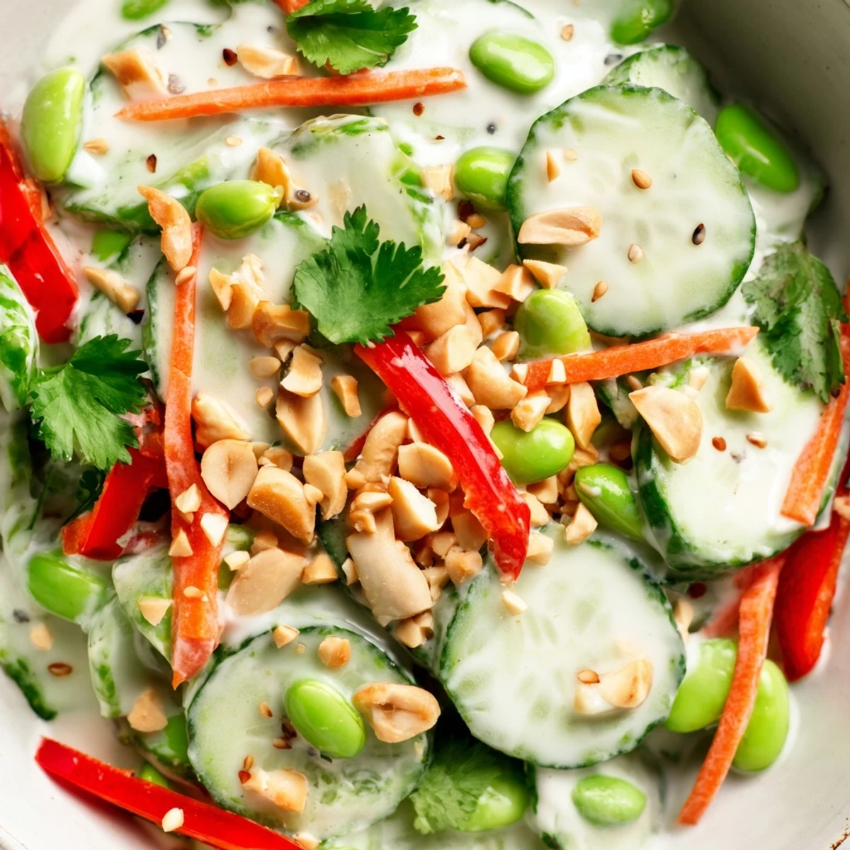 Vibrant Creamy Asian Cucumber Bowl served chilled with crunchy carrots, edamame, and a creamy ginger yogurt sauce.