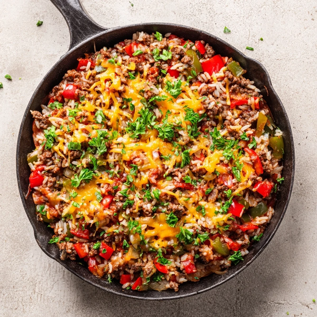 Skillet of Unstuffed Pepper Skillet with melted cheese, diced peppers, and savory ground beef ready to serve.