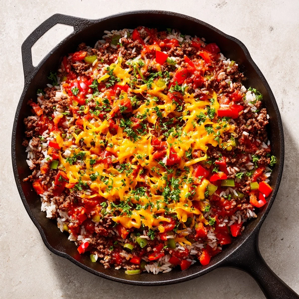 Hearty Unstuffed Pepper Skillet garnished with fresh parsley, perfect for a quick family dinner in 30 minutes.