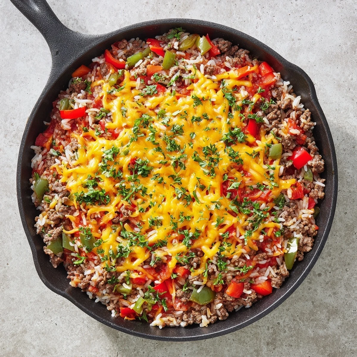A close-up of Unstuffed Pepper Skillet in a cast iron pan, steaming with onions and fluffy rice.
