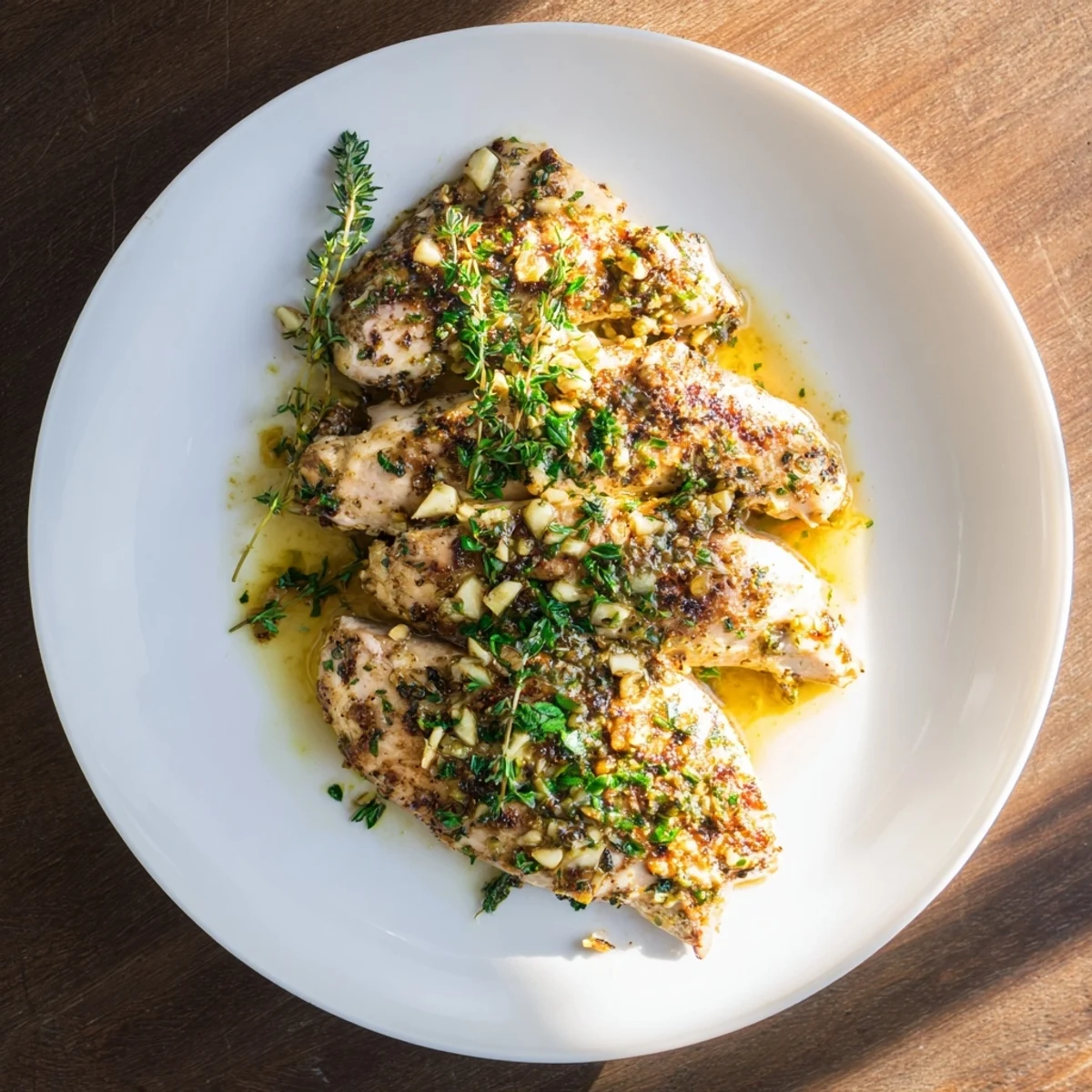 A close-up of tender Garlic Butter Chicken served alongside fluffy mashed potatoes and steamed green beans on a white plate.