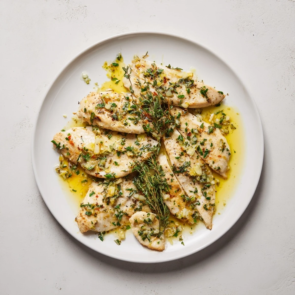 Golden pan-seared Garlic Butter Chicken breasts glistening in rich, savory garlic butter sauce with fresh thyme garnish.