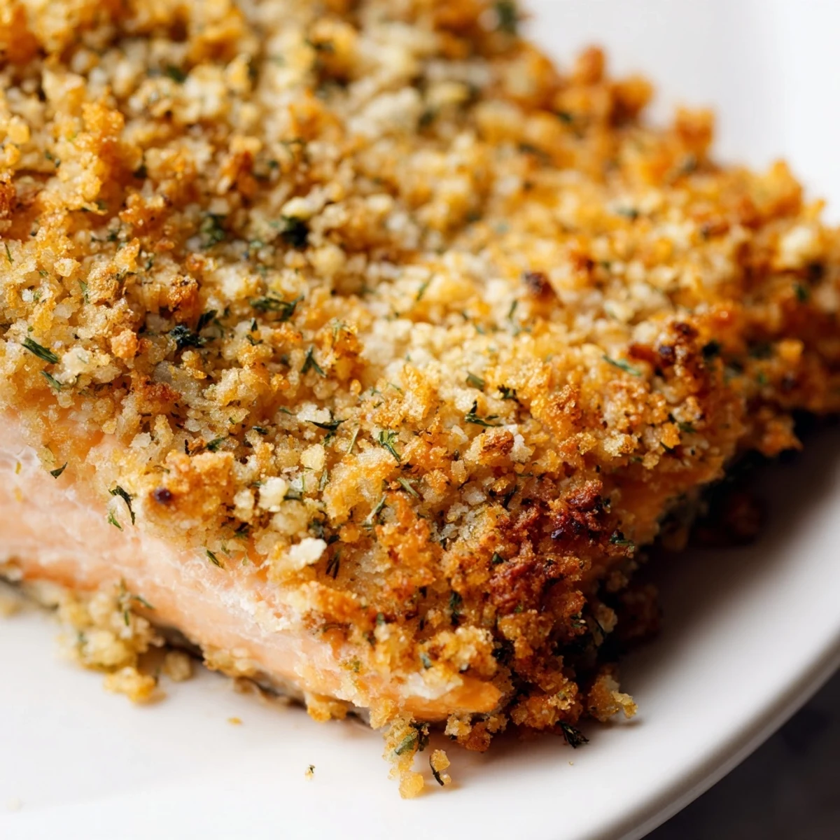 Crispy Parmesan salmon bake with golden crust on a baking sheet, served with lemon wedges.