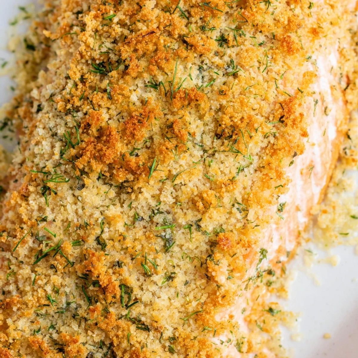 Golden-baked salmon fillet with crunchy Parmesan crust, ready to serve on a white plate with herbs.