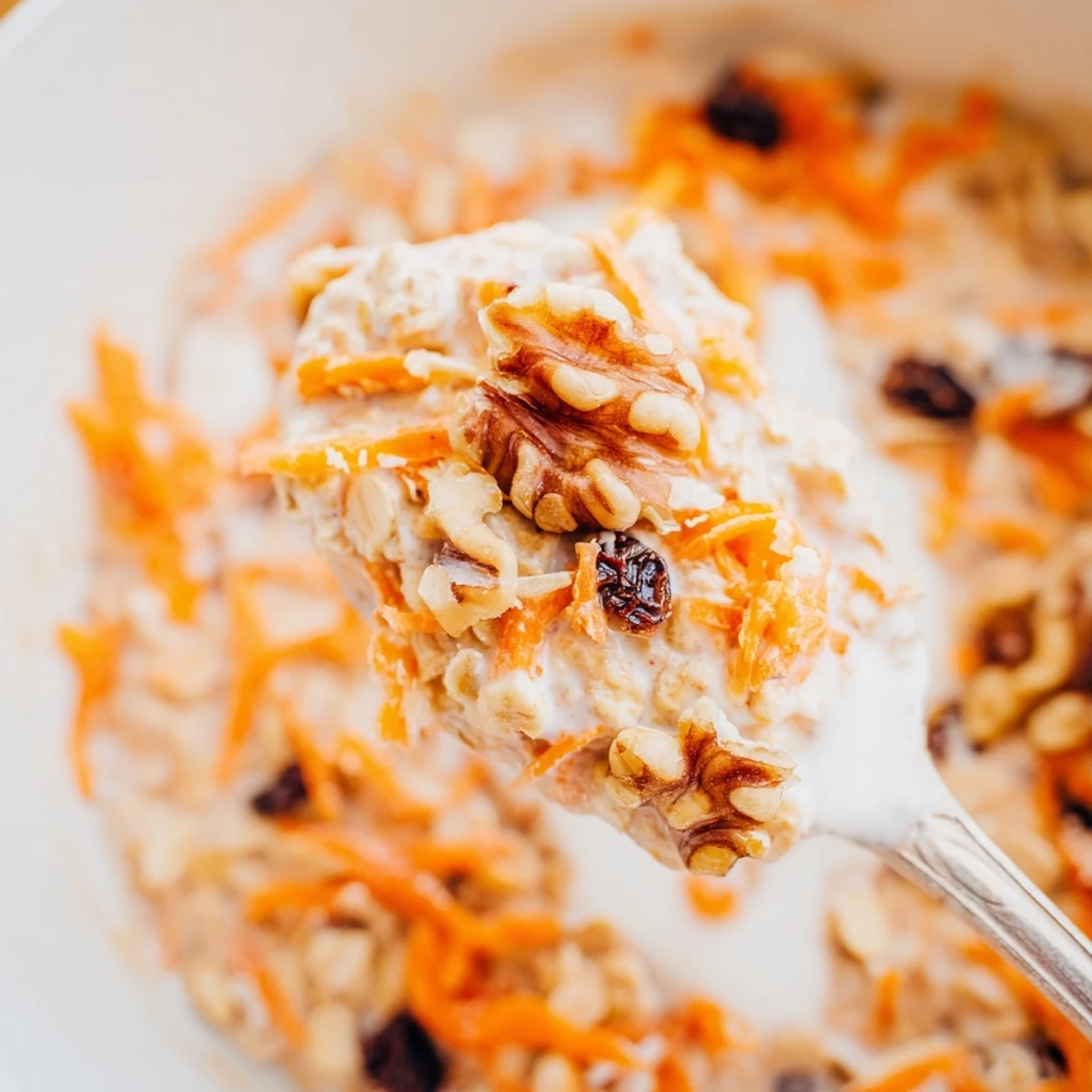 Creamy Carrot Cake Overnight Oats with toasted walnuts and sweet raisins.