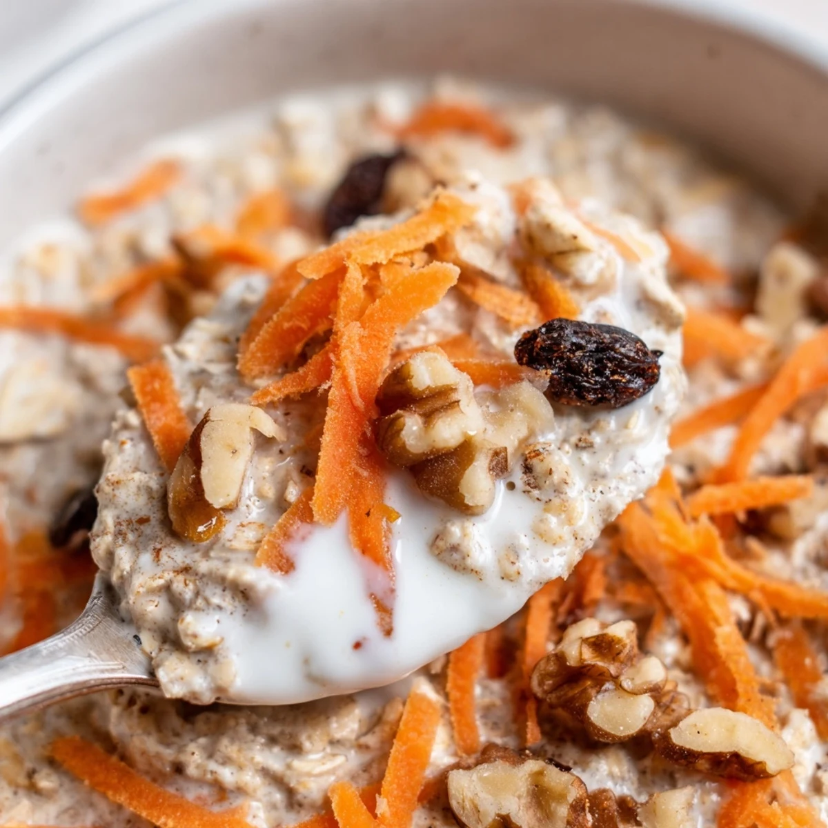 Healthy Carrot Cake Overnight Oats topped with shredded coconut and extra chopped nuts.