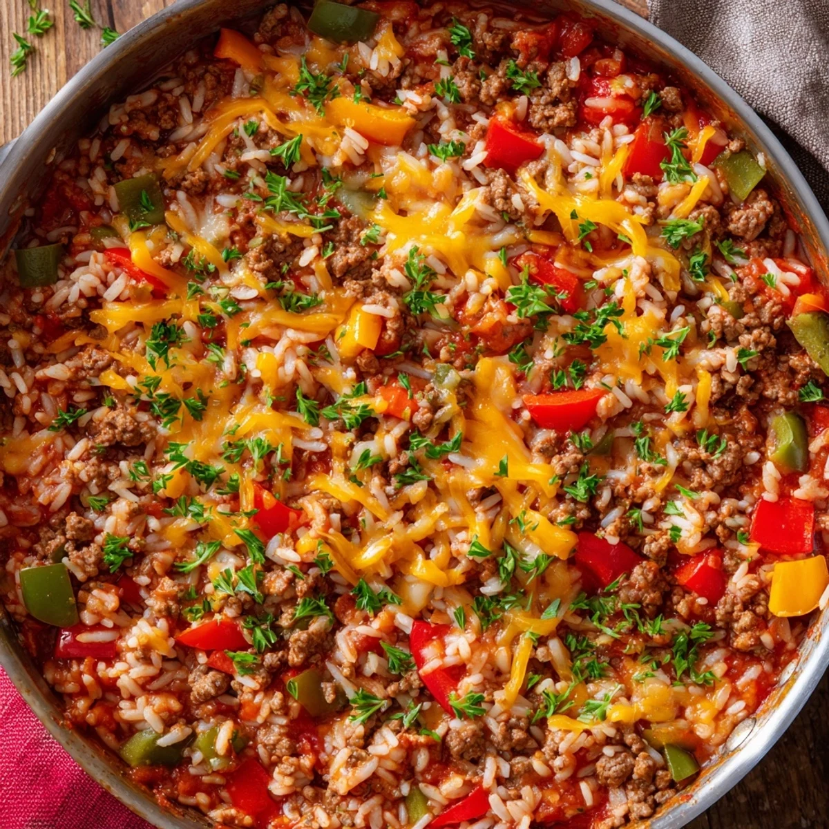 Skillet of Unstuffed Pepper Skillet with tender peppers, browned ground beef, and melted cheese garnish.