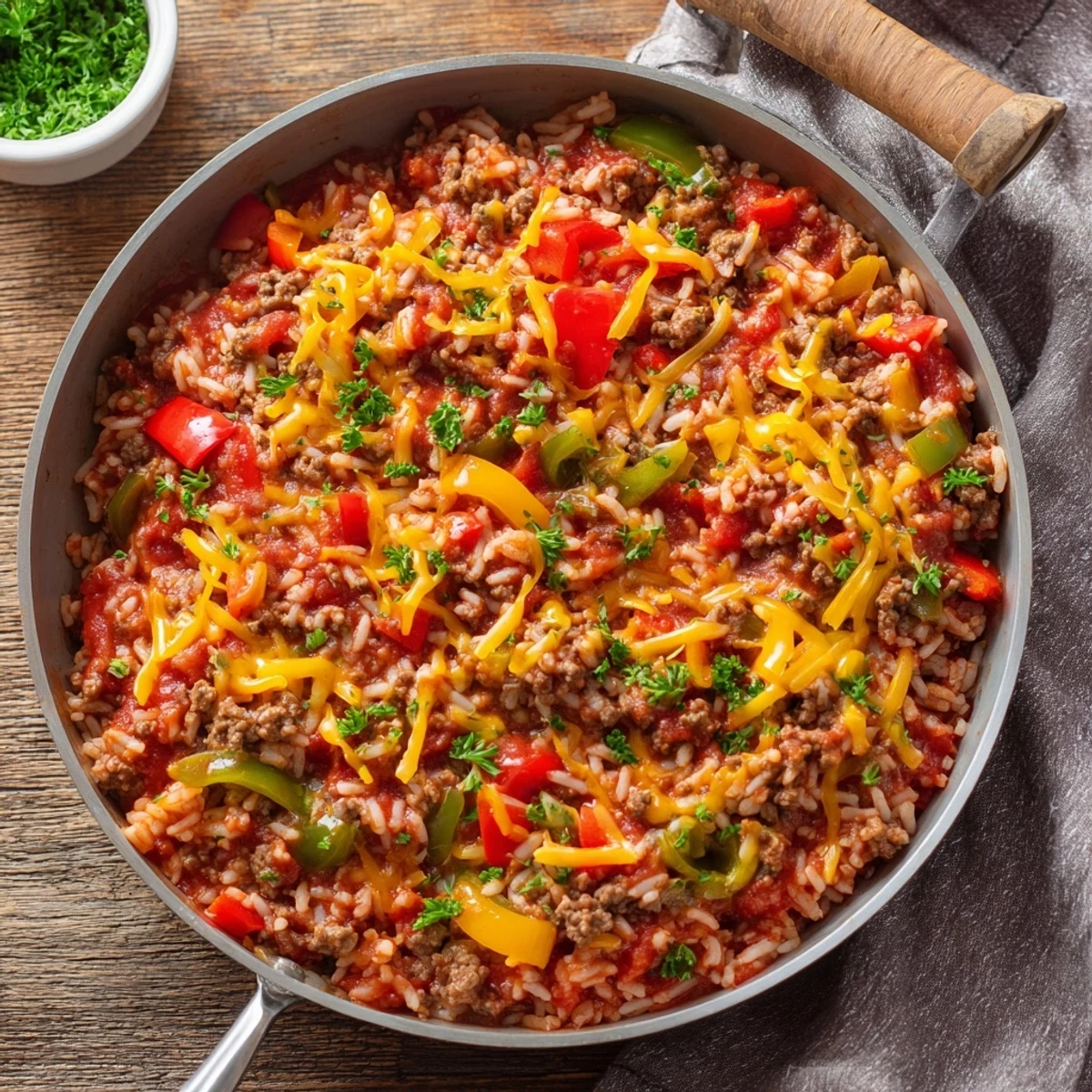 Serving of Unstuffed Pepper Skillet plated with fresh parsley, rich tomato sauce, and fluffy rice.