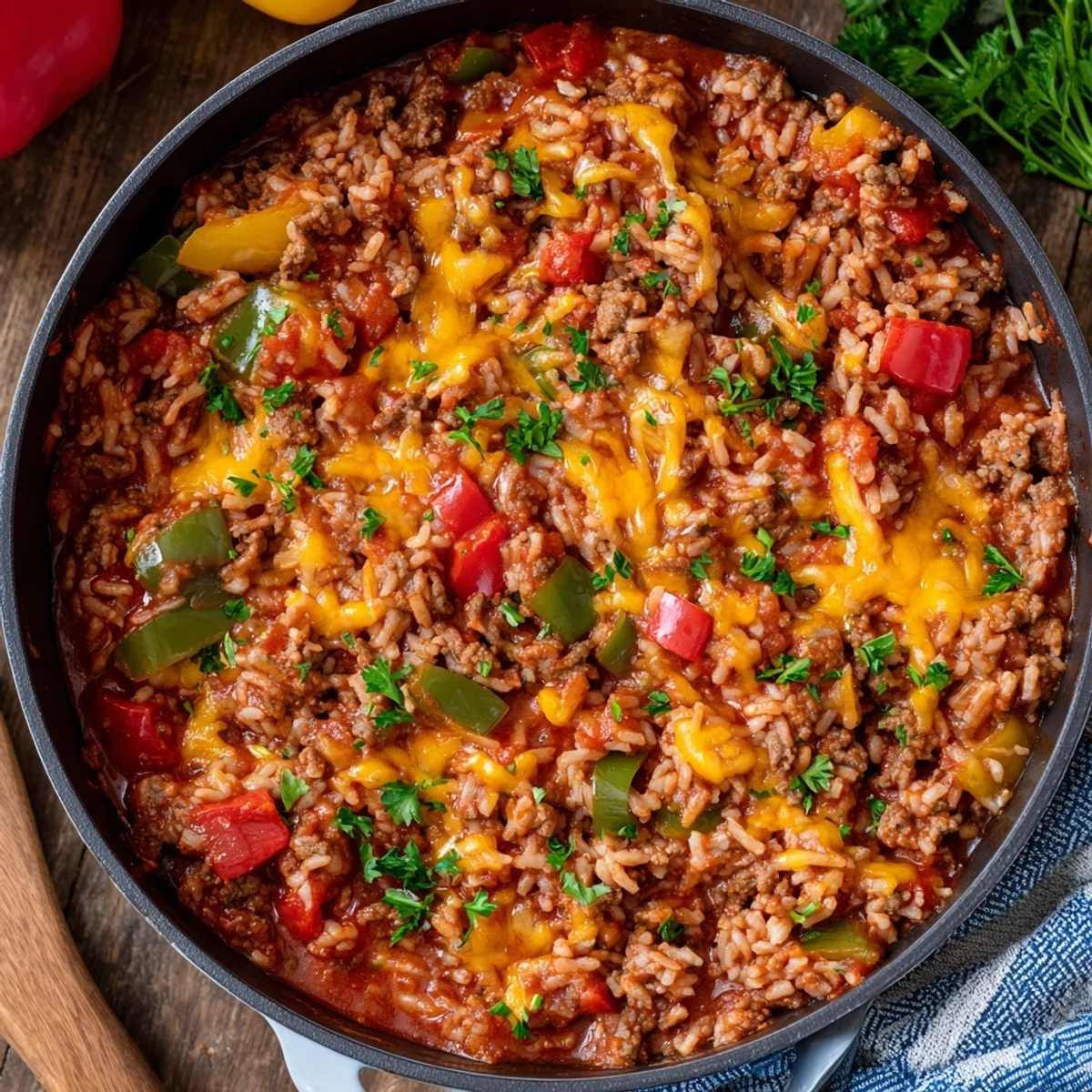 Close-up of Unstuffed Pepper Skillet highlighting colorful bell peppers, savory ground beef, and melted cheddar.