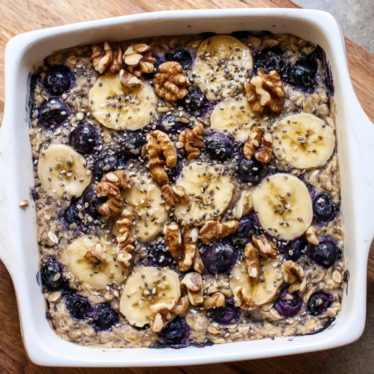 Fresh from the oven, High Protein Banana Blueberry Breakfast Bake rests in a dish with a nutty topping for a wholesome morning meal.