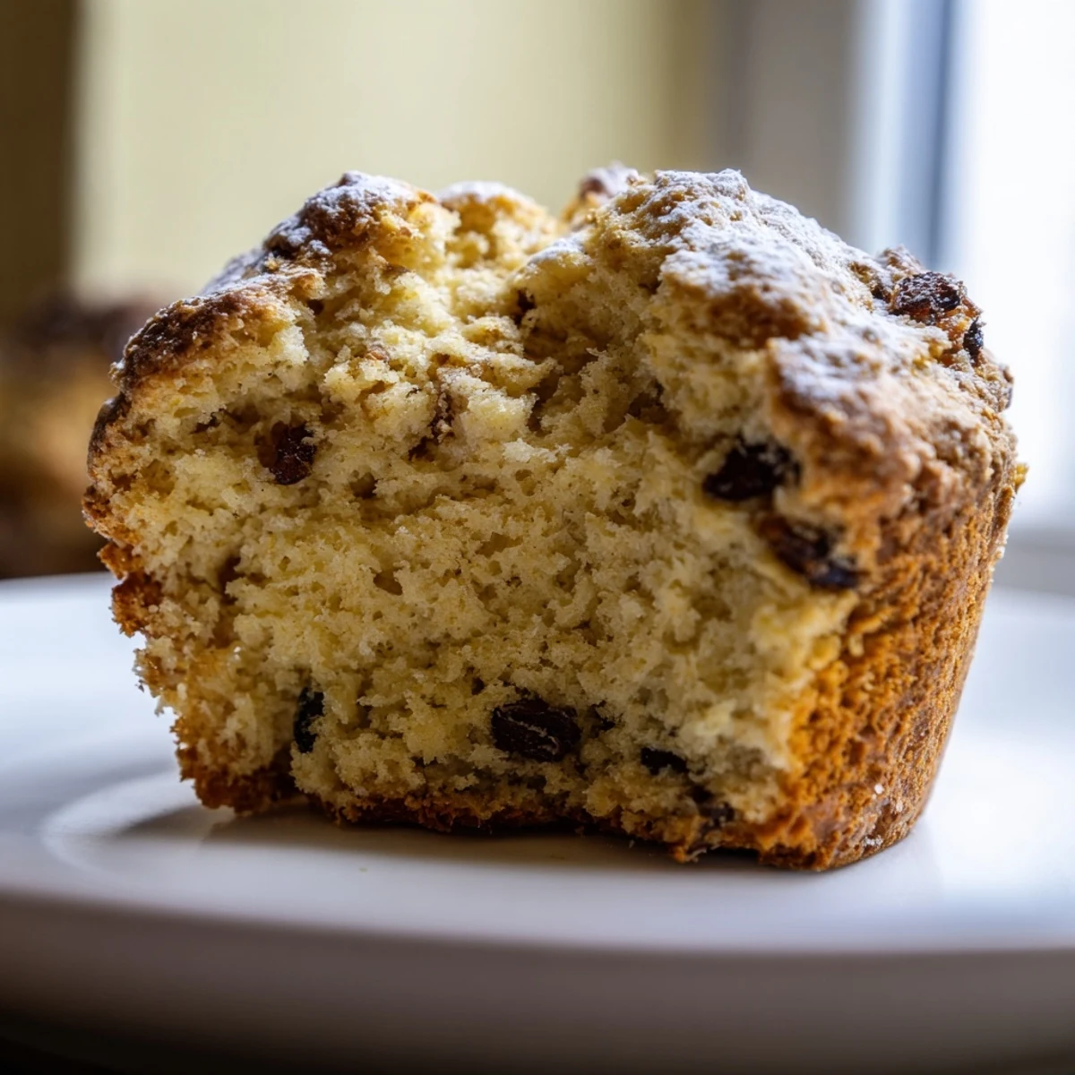 Freshly baked Irish Soda Bread Muffins are arranged on a rustic wooden board next to a steaming cup of tea.