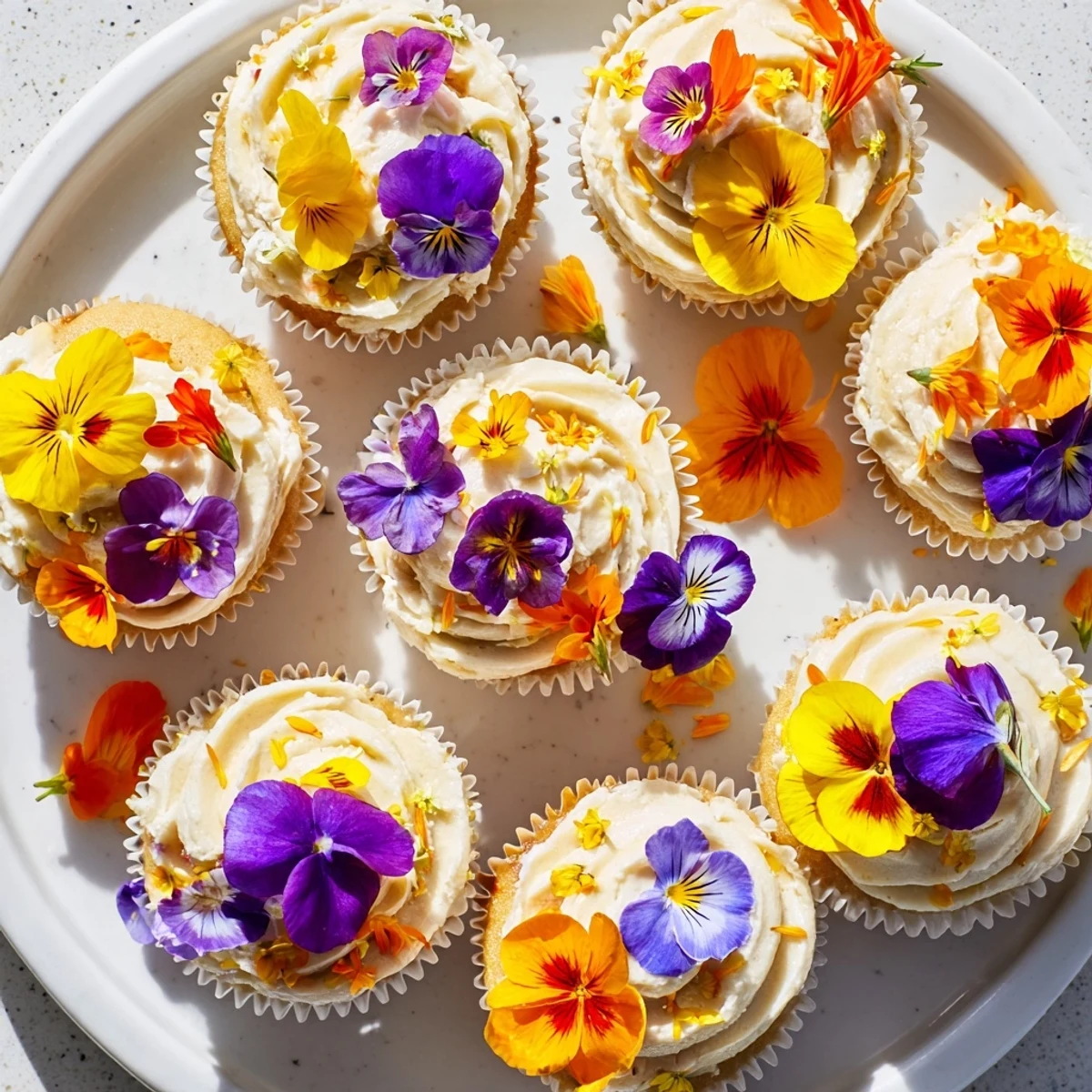 A close-up view of Wild Flower Cupcakes with fluffy frosting and fresh blossoms perfect for afternoon tea.