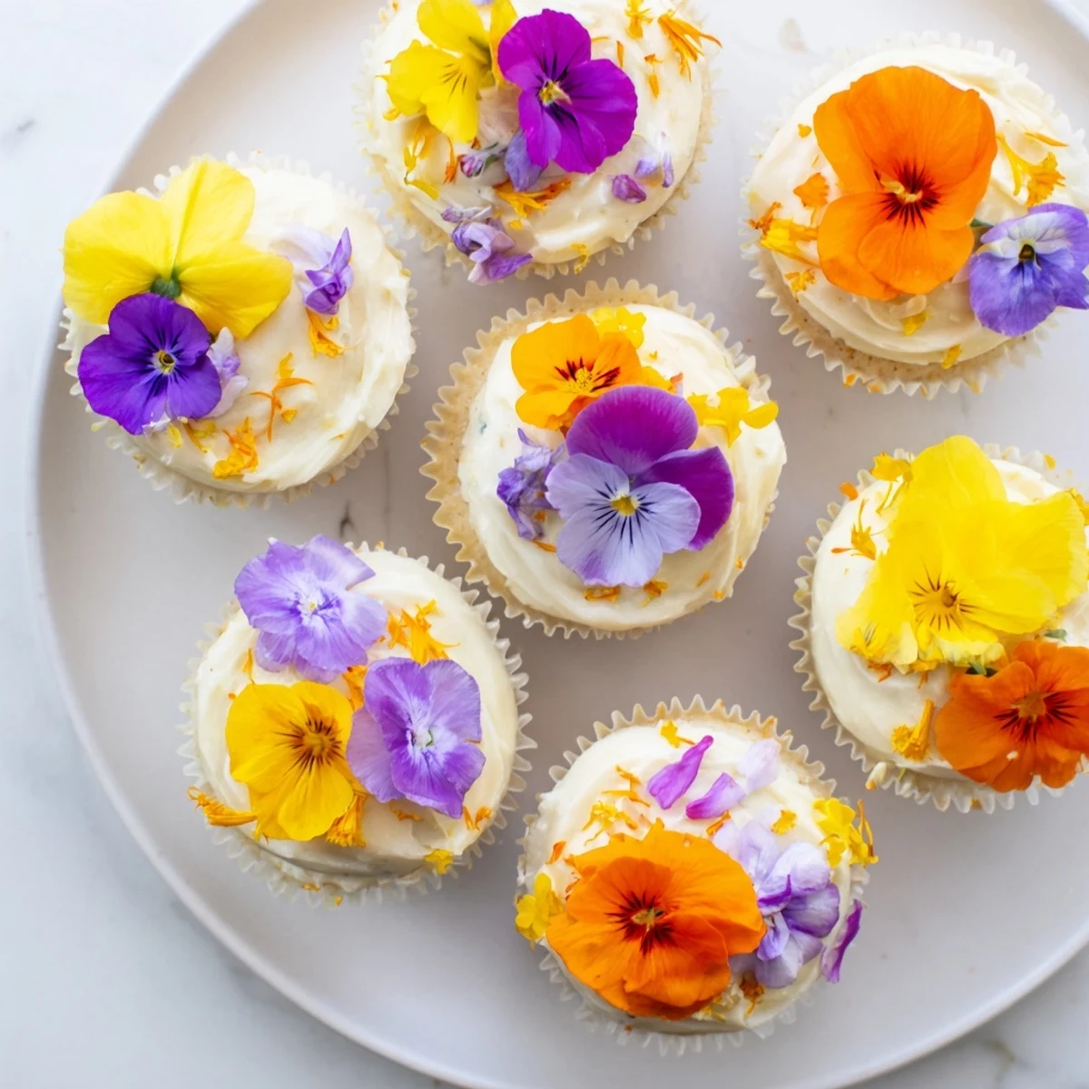 These Wild Flower Cupcakes display soft vanilla crumb, creamy buttercream, and colorful edible flowers on a rustic table.