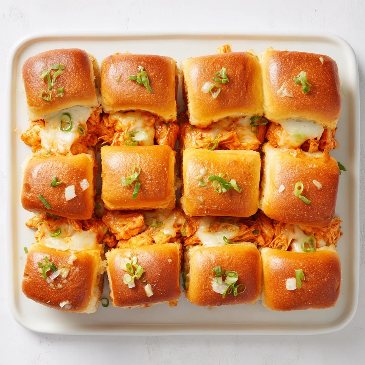 Golden, bubbly Buffalo Chicken Pizza Dip Sliders on a baking sheet, topped with melted mozzarella and cheddar, ready for a game day snack.