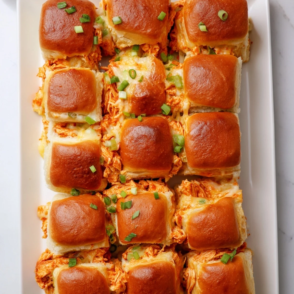 Freshly baked Buffalo Chicken Pizza Dip Sliders pulled apart to reveal a creamy, spicy buffalo chicken filling, perfect for a party appetizer spread.