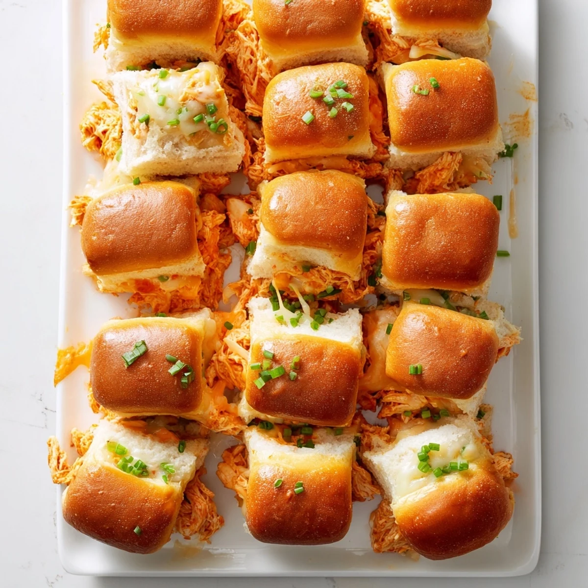 A close-up of Buffalo Chicken Pizza Dip Sliders with garlic butter brushed buns, served with pickled jalapeños and fresh chives on a platter.