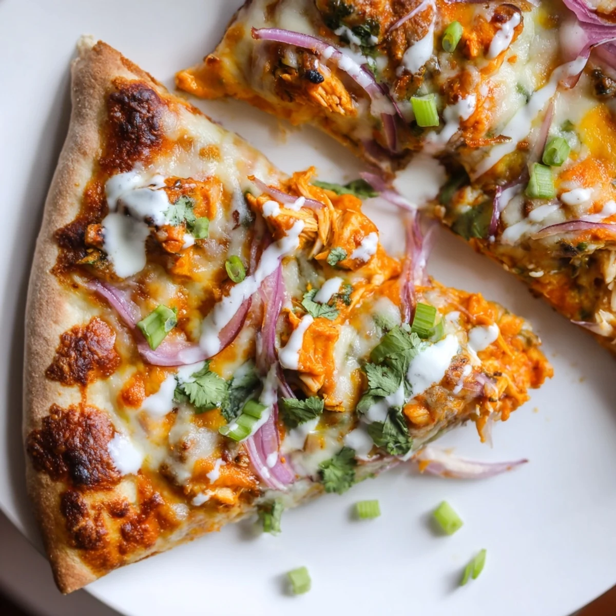 Golden, bubbling Bold Buffalo Chicken Pizza topped with shredded chicken tossed in spicy sauce, ranch drizzle, sliced red onions, and fresh scallions.