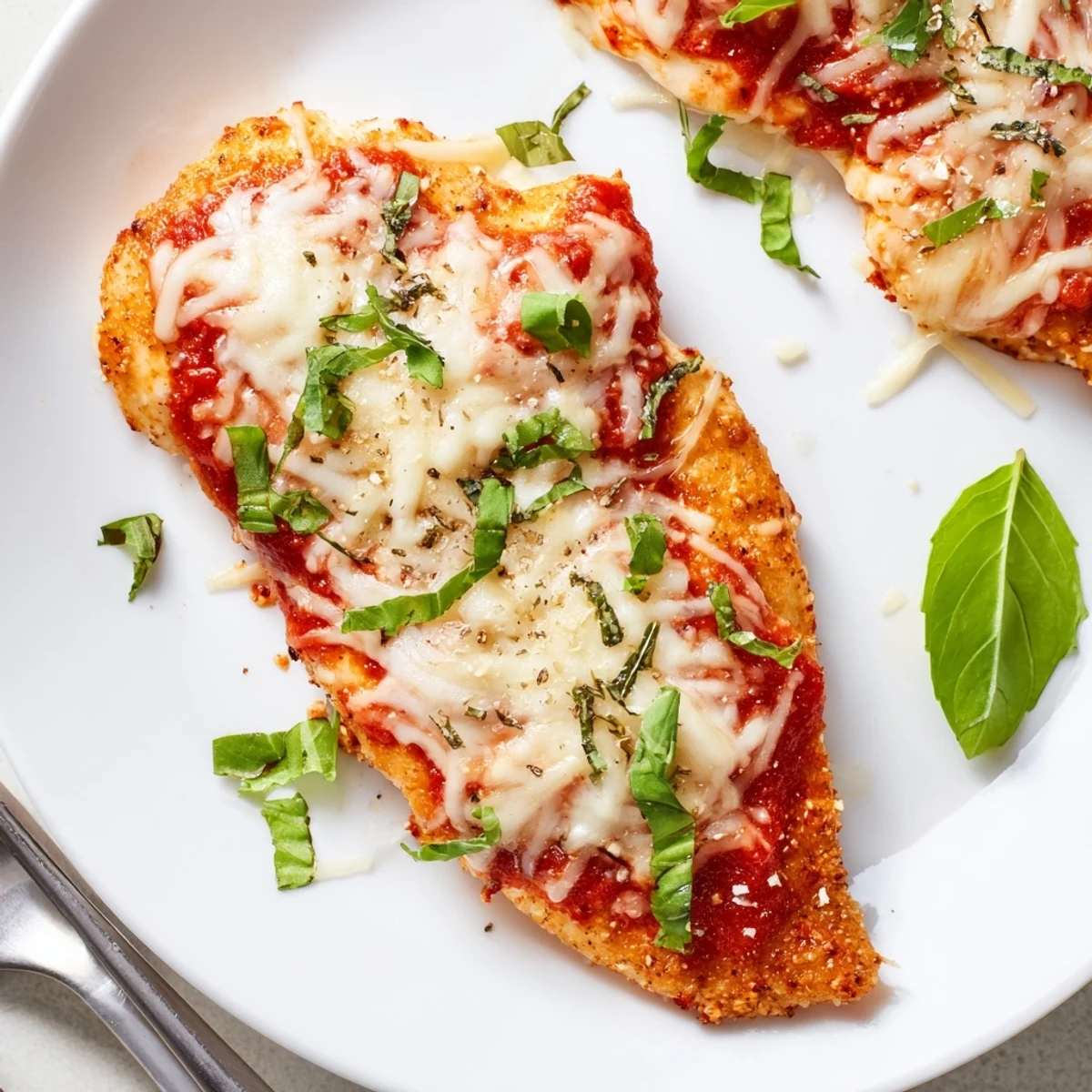 A close-up shot of the Amazing 15 Minute Keto Chicken Parmesan served over spiralized zucchini with fresh basil garnish.
