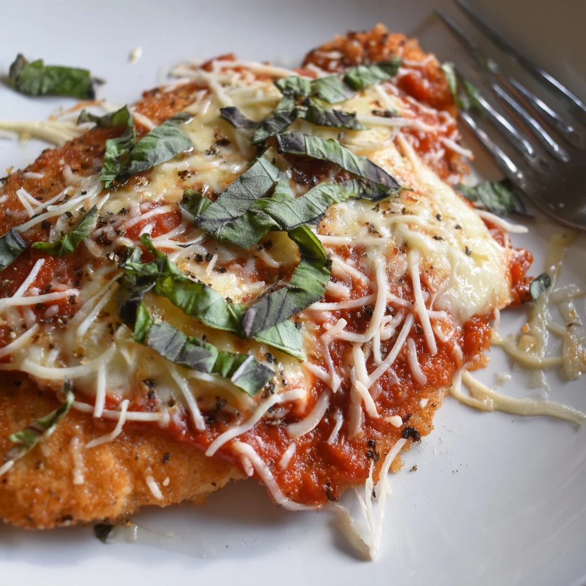 Skillet presentation of the Amazing 15 Minute Keto Chicken Parmesan, showing the bubbly cheese and savory marinara coating the juicy chicken.
