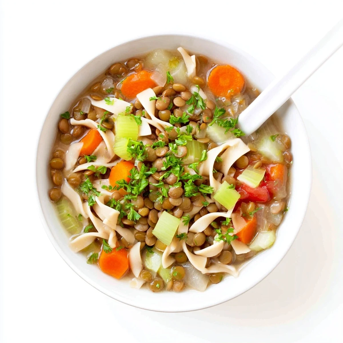 A bowl of warm Lentil Noodle Soup with tender lentils and soft noodles in a savory broth.