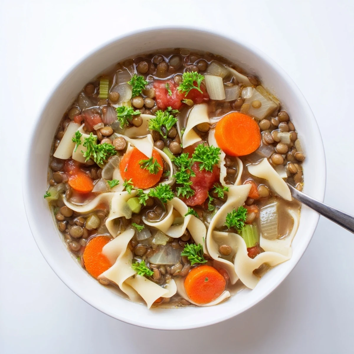 Steaming pot of Lentil Noodle Soup with carrots and celery, ready to be ladled into bowls.