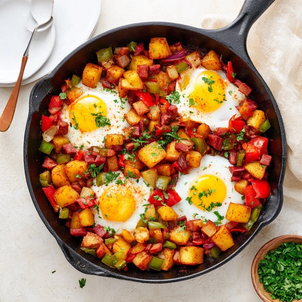 A close-up of Corned Beef Hash Skillet with Crispy Potatoes and Bell Peppers, featuring golden-brown hash and bright pepper colors.
