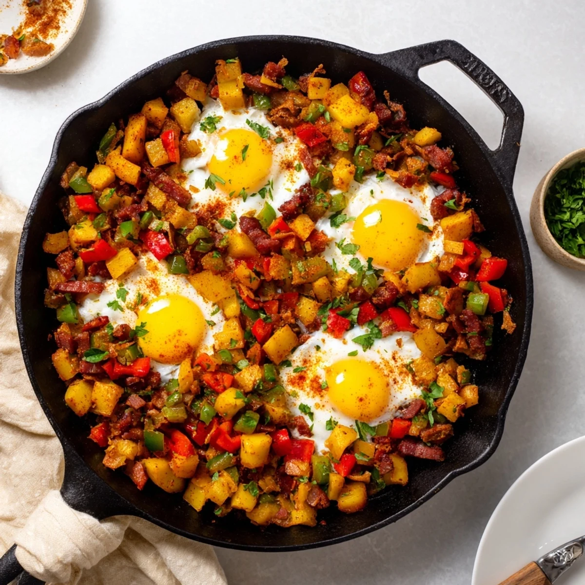 Golden Corned Beef Hash Skillet with Crispy Potatoes and Bell Peppers served hot in a skillet, garnished with fresh parsley.