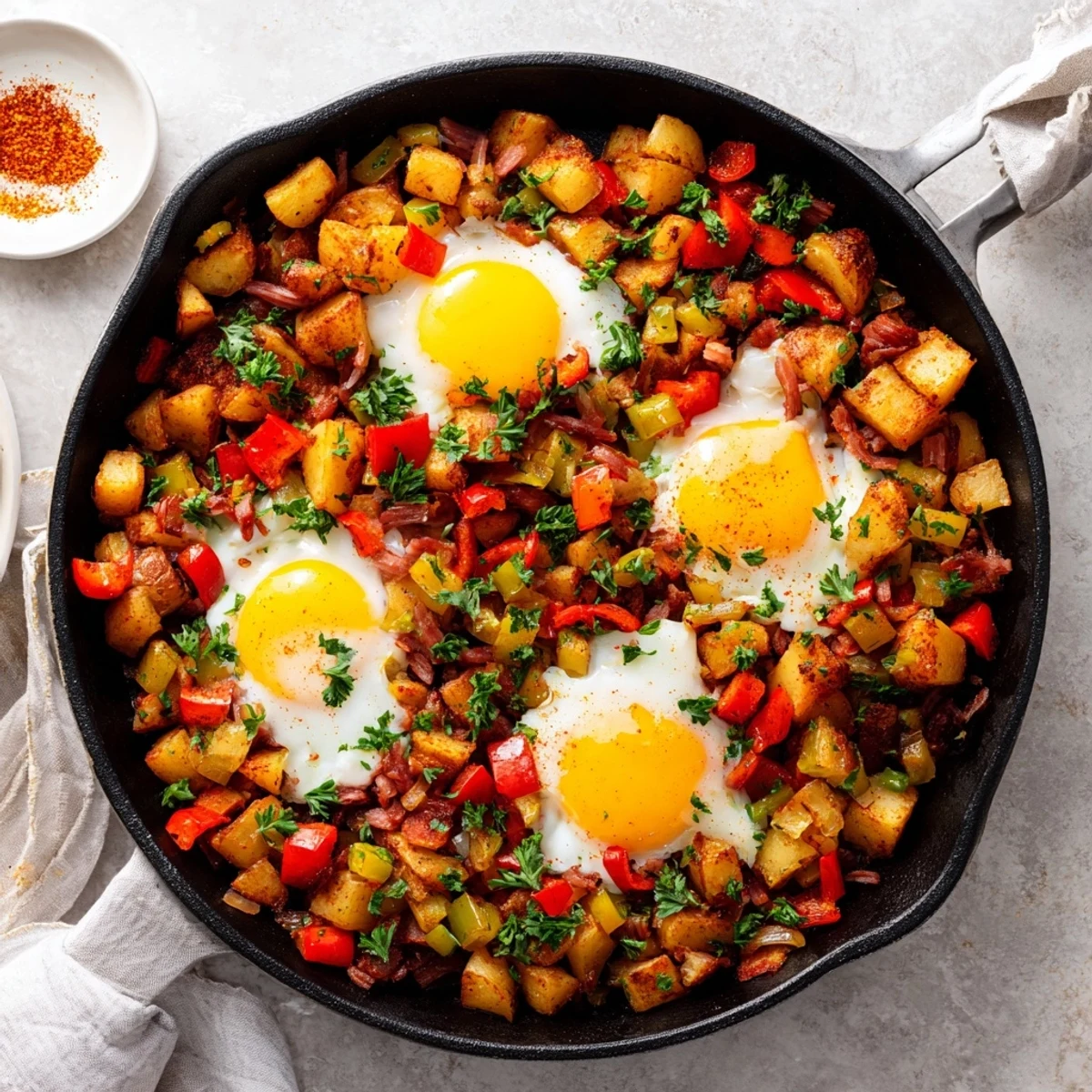 Sizzling Corned Beef Hash Skillet with Crispy Potatoes and Bell Peppers topped with a sunny-side-up egg for a hearty brunch.