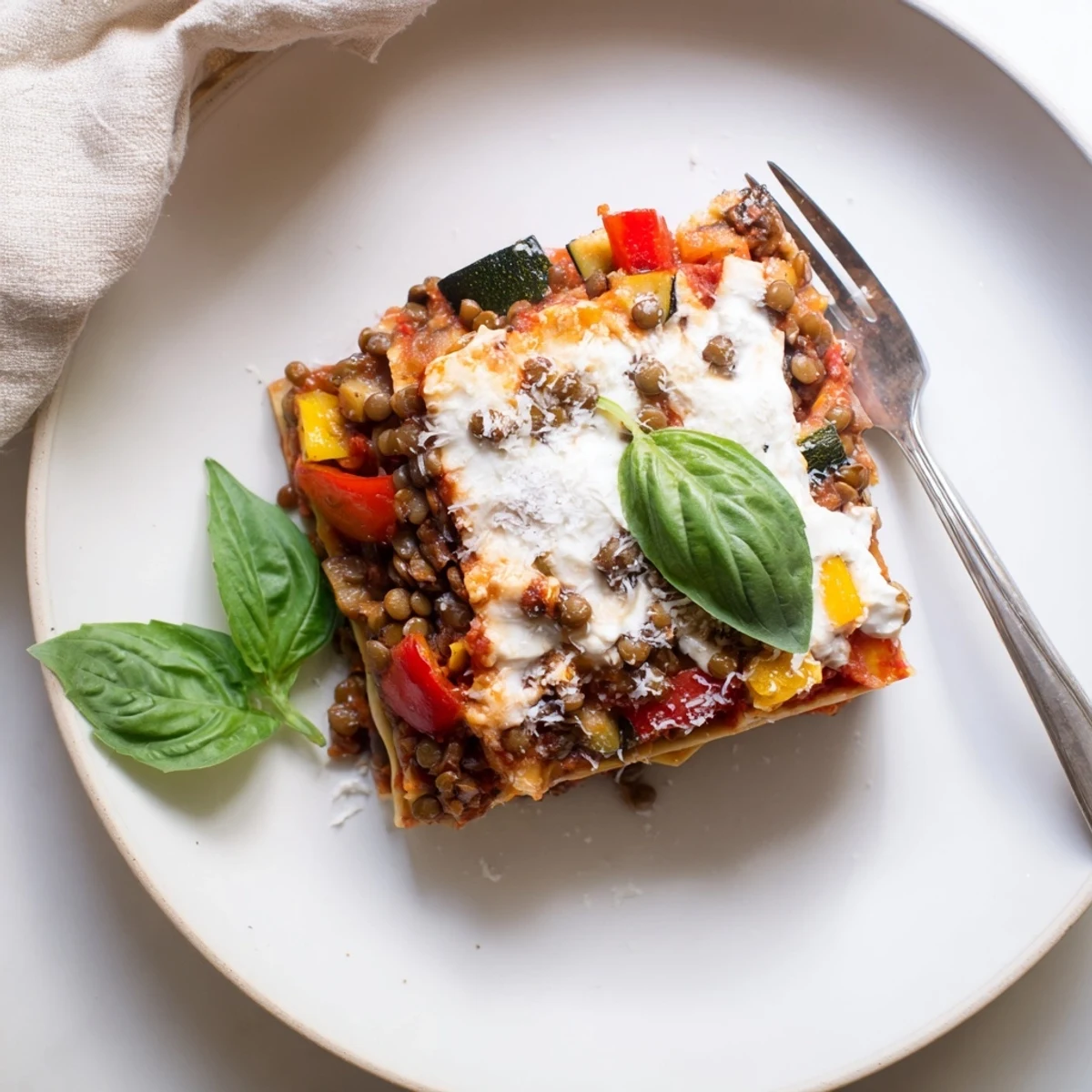 Smoky Veggie Lentil Lasagna layers roasted eggplant and zucchini over lentils with bubbly golden cheese on top.