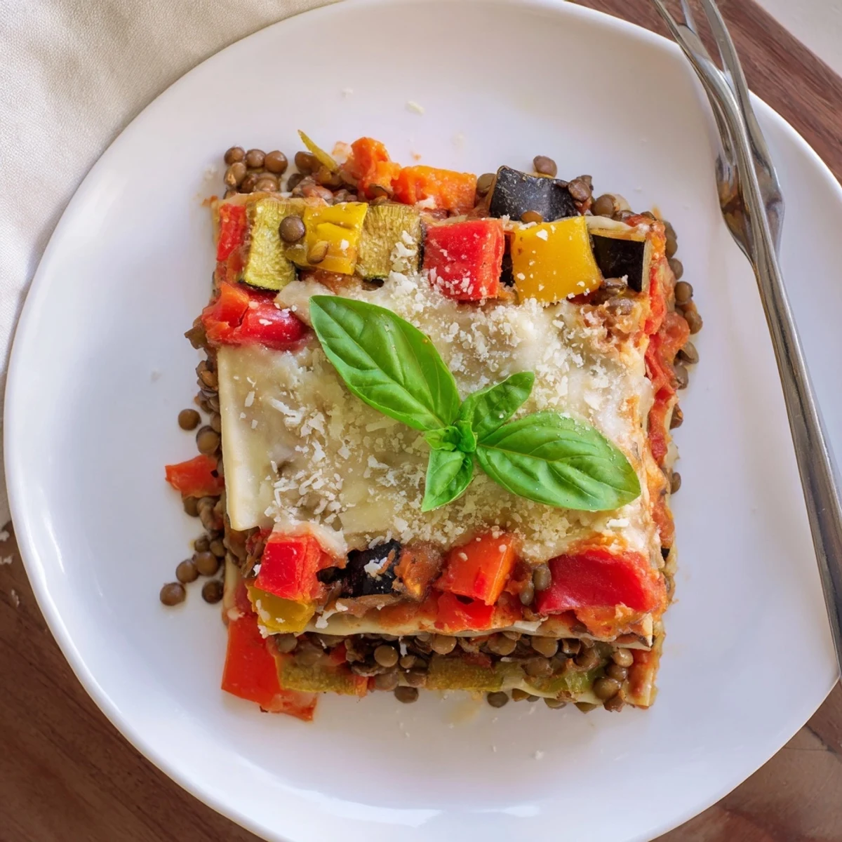 Close-up of Smoky Veggie Lentil Lasagna showing creamy béchamel and smoky roasted peppers in each slice.