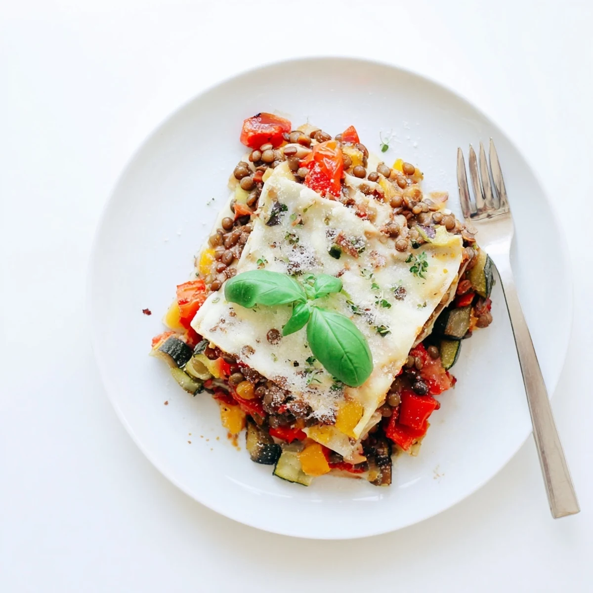 A family-style Smoky Veggie Lentil Lasagna served with fresh basil beside a crisp green salad.