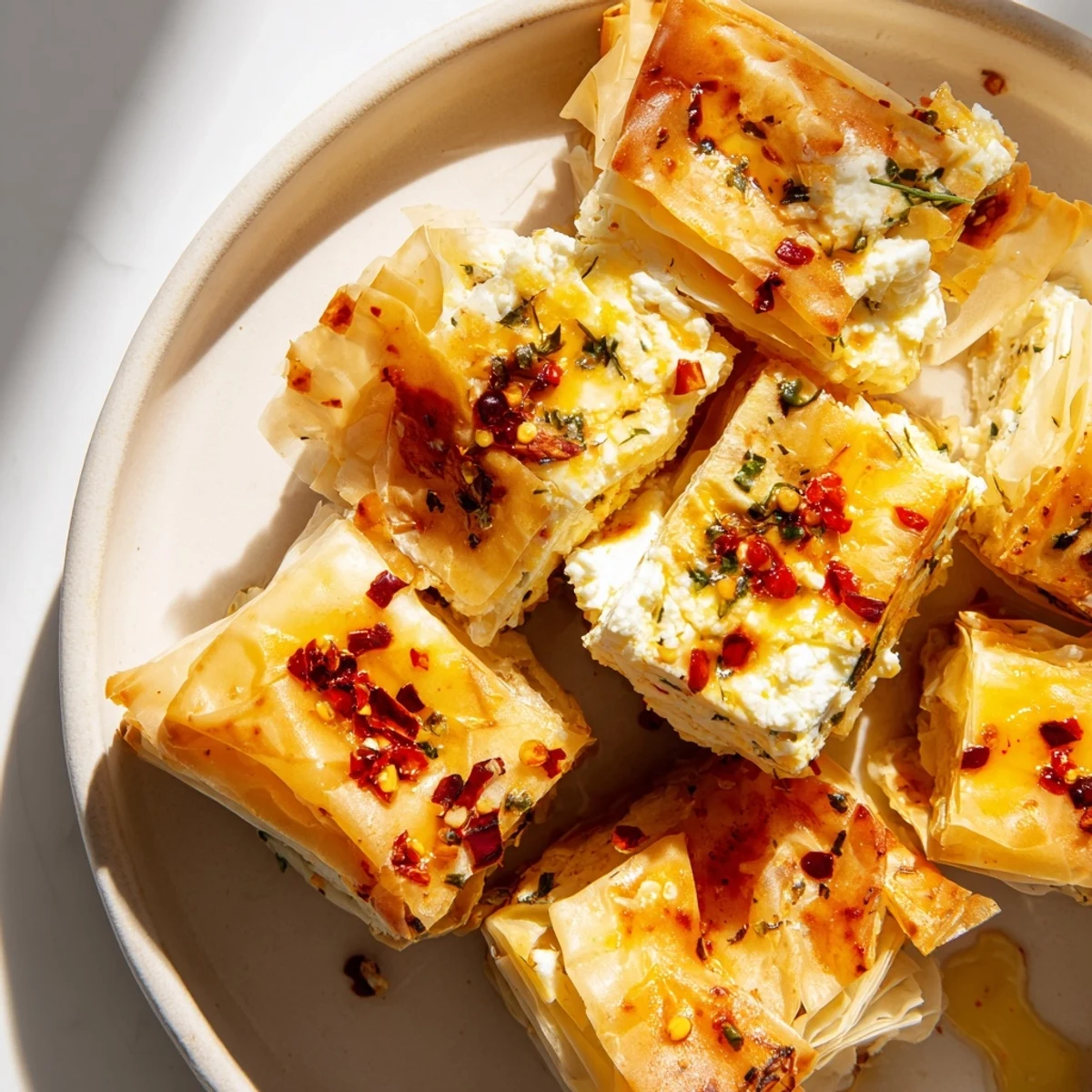 Crispy oven fried feta rolls with spicy chili honey, golden baked phyllo with creamy feta filling and drizzle, served warm as a Mediterranean appetizer.