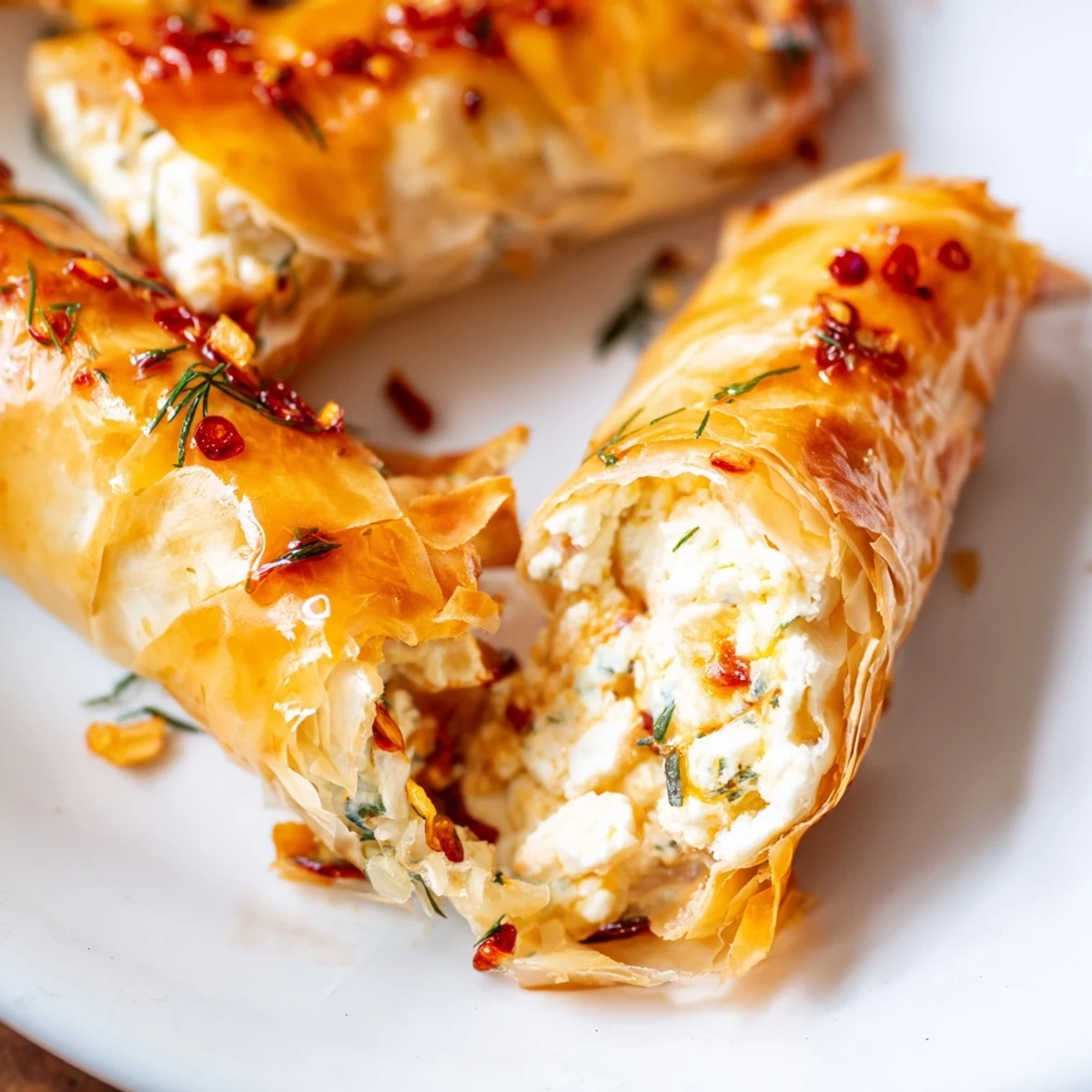 Golden phyllo pastry rolls filled with creamy feta, served hot with spicy chili honey for dipping, ideal for a vegetarian appetizer spread.
